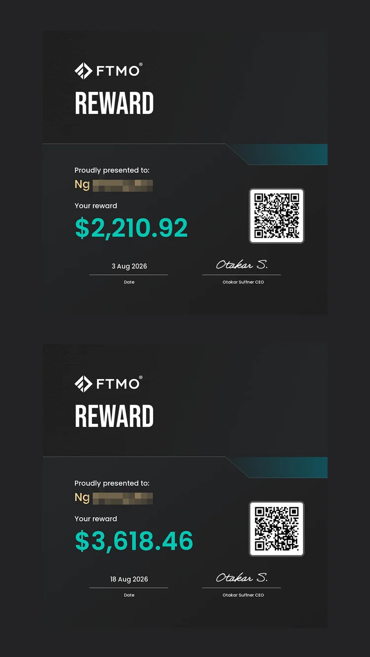 Two FTMO payout certificates, $2,210.92 and $3,618.46